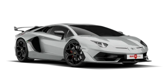 Silver Lamborghini Aventador with black rims and rear spoiler, showcasing sleek European sports car design.