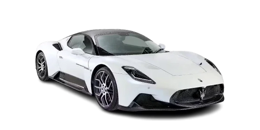 White Maserati MC20 sports car with carbon fiber accents and sleek aerodynamic design