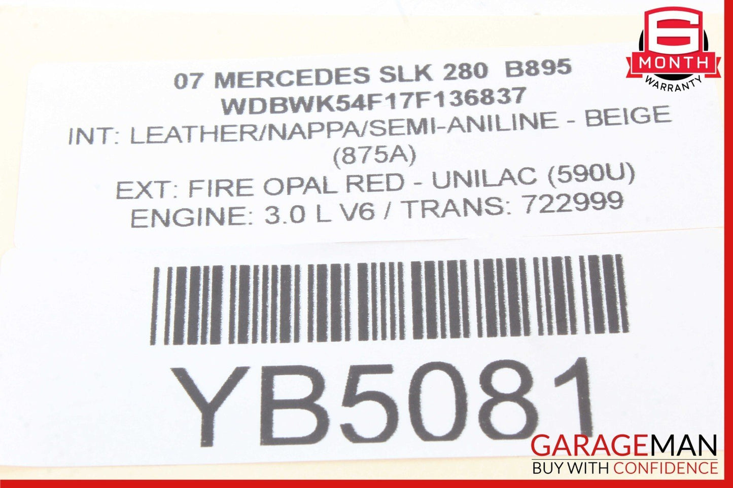 05-11 Mercedes R171 SLK280 Rear Left Convertible Roof Top Trunk Lid Cylinder OEM