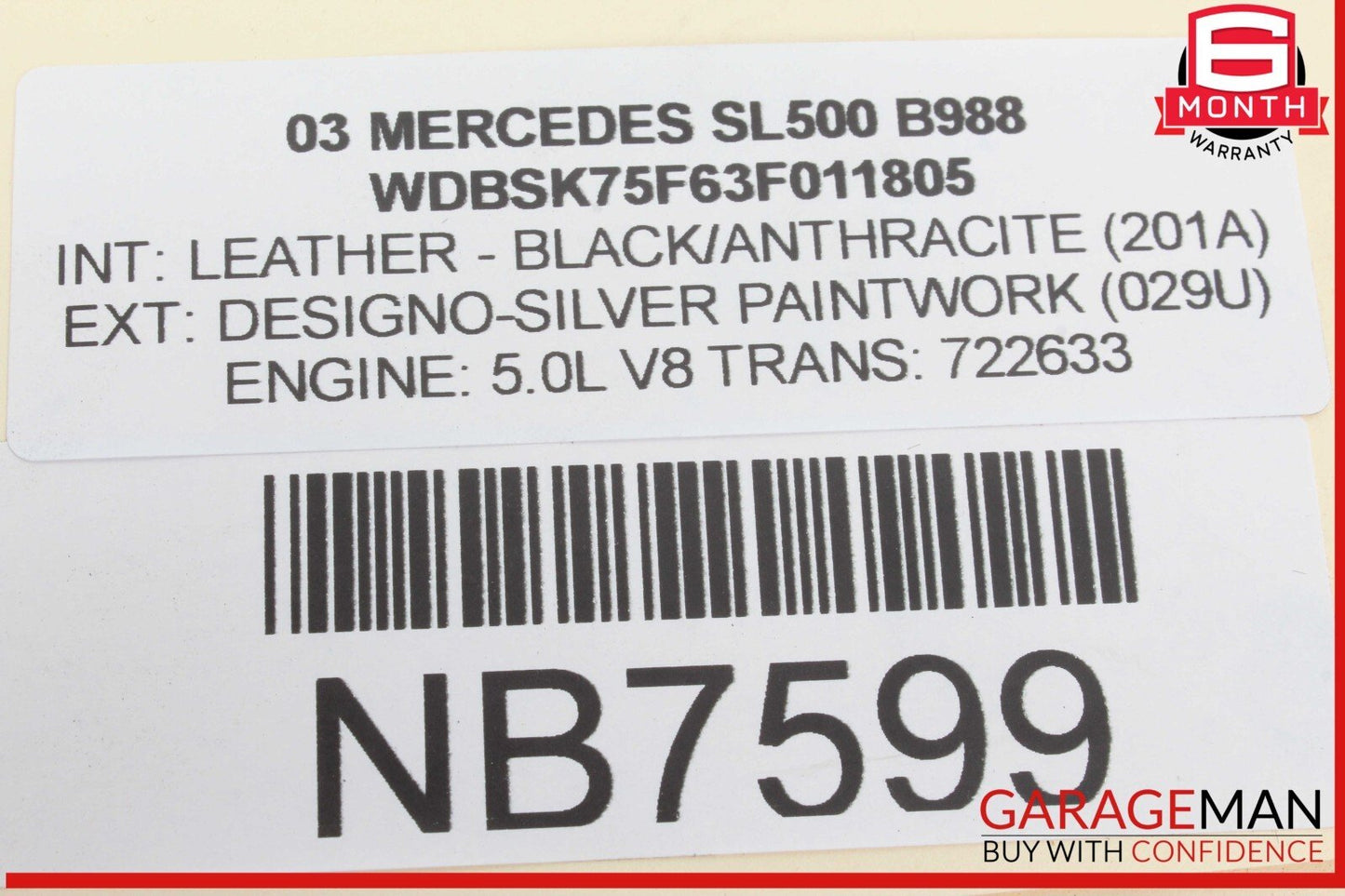 03-06 Mercedes R230 SL500 SL600 Left Side Fog Light Lamp 2038201156 OEM