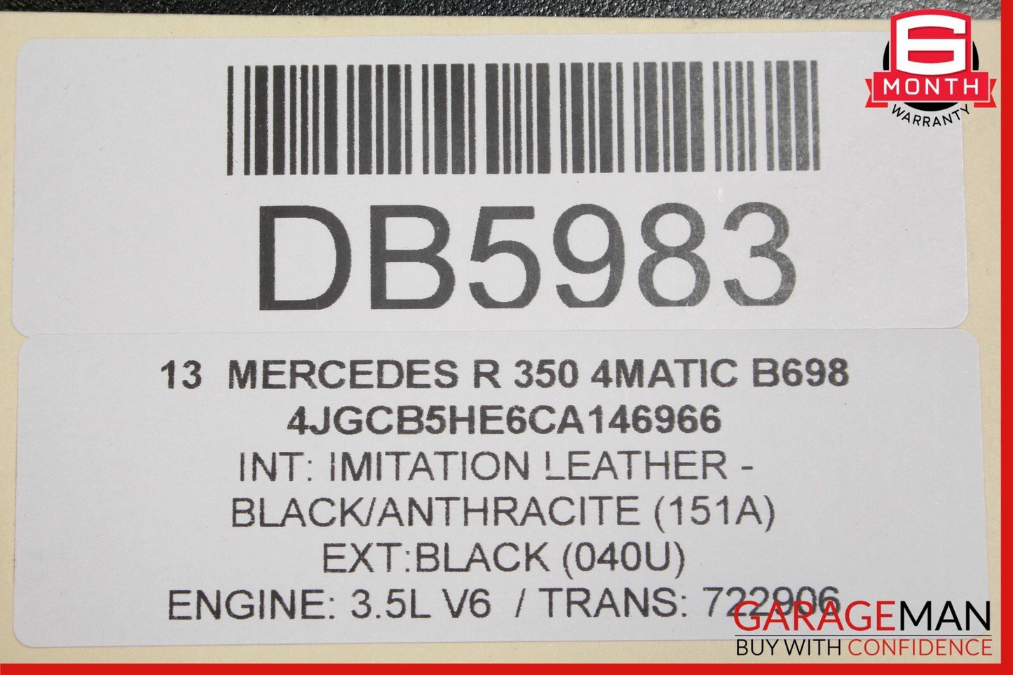 09-13 Mercedes W164 ML350 R350 Front Left Side Upper Seat Cushion Cover Black