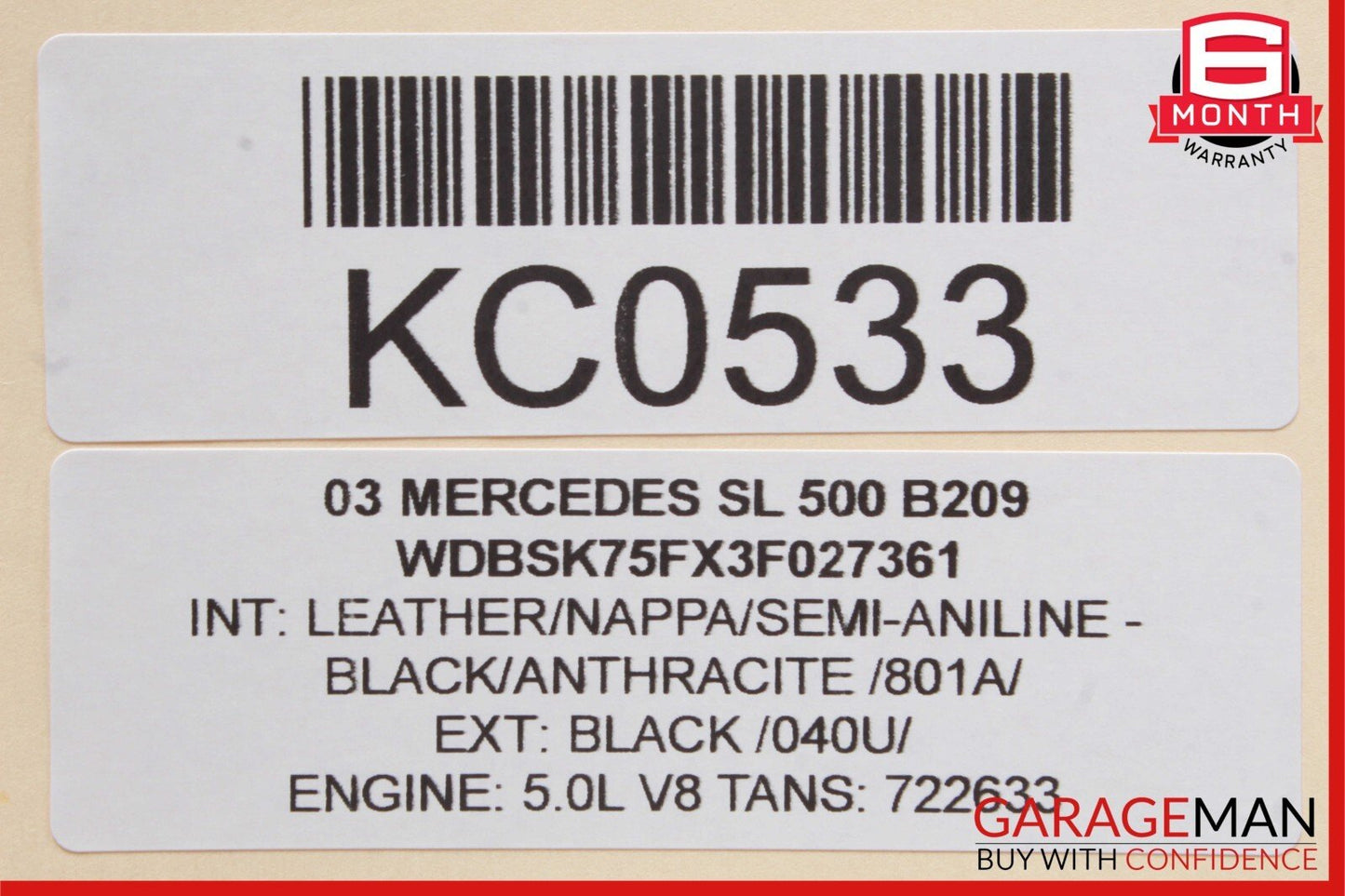03-12 Mercedes R230 SL500 E350 CLK320 Steering Wheel Airbag Air Bag Black OEM
