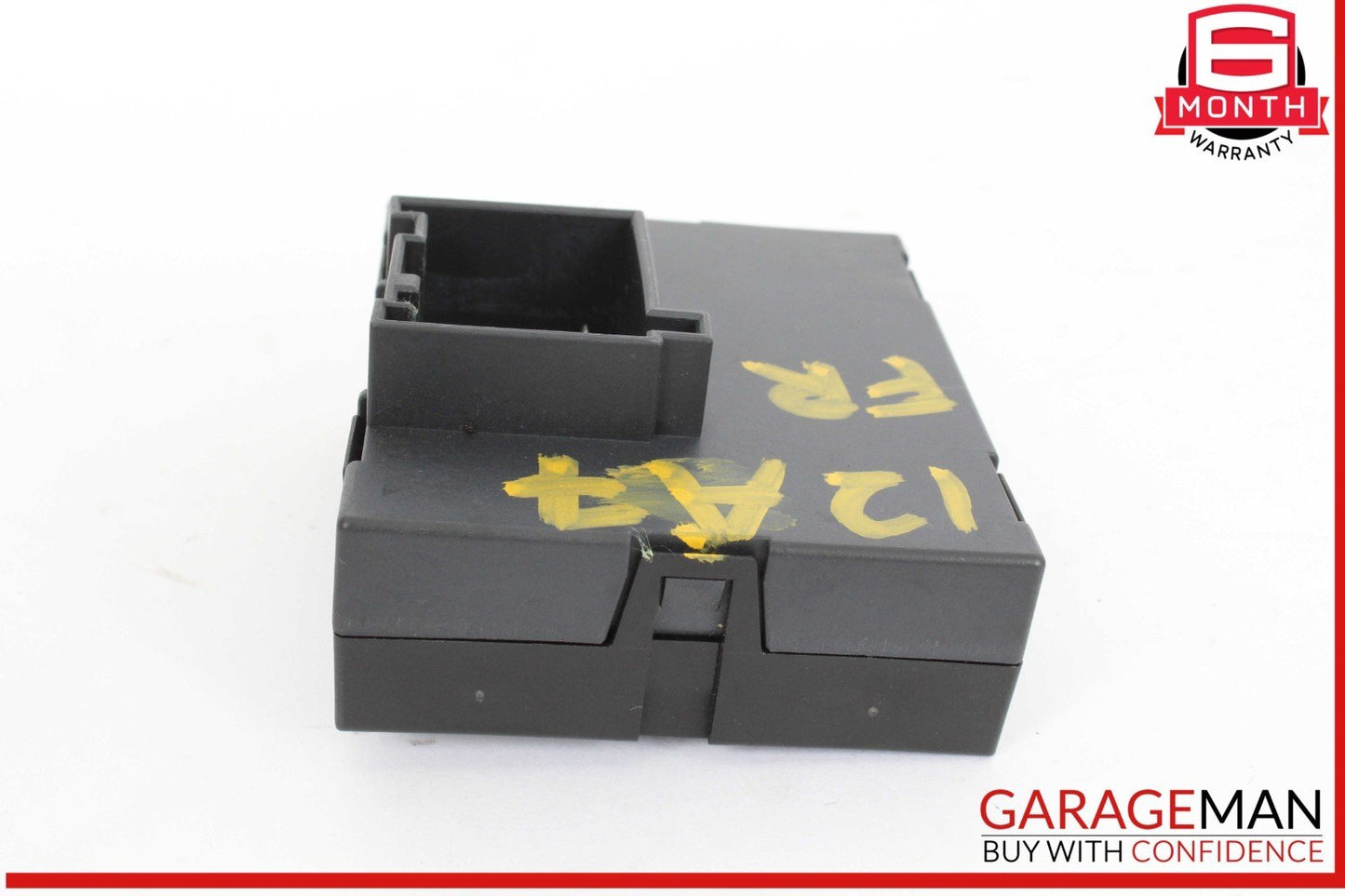 Black plastic component with yellow text on a white background, featuring the GarageMan logo.
