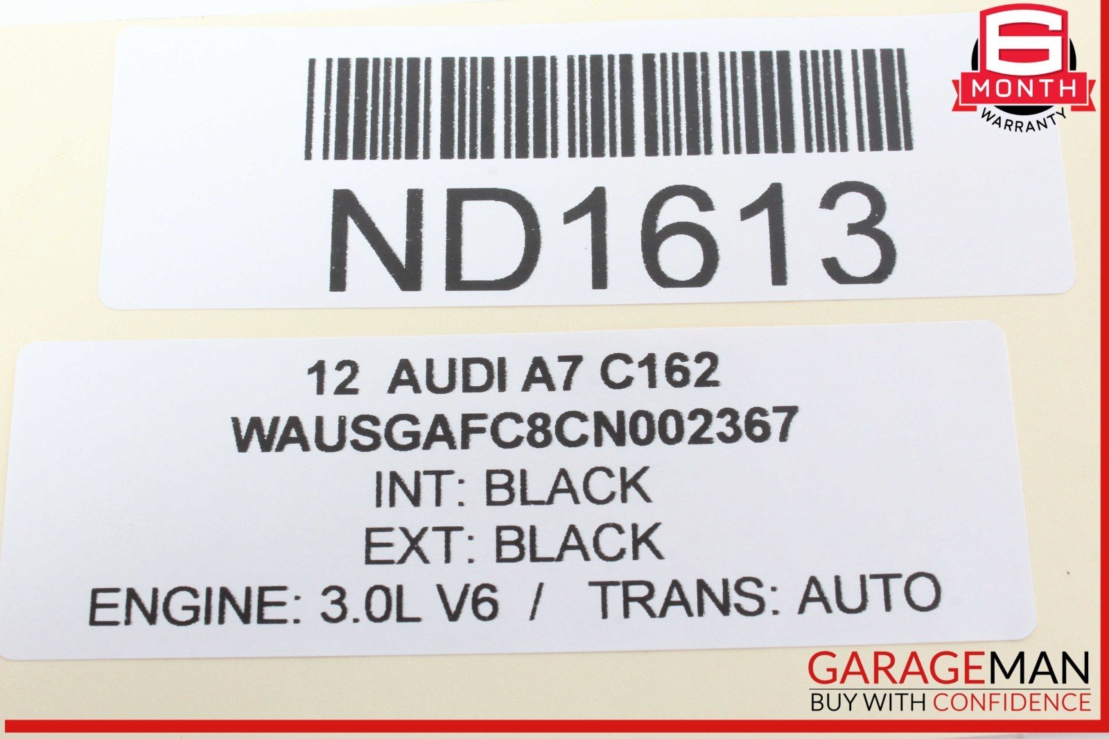 Product label with barcode and text for Audi A7 C162, featuring 'Garageman' branding.