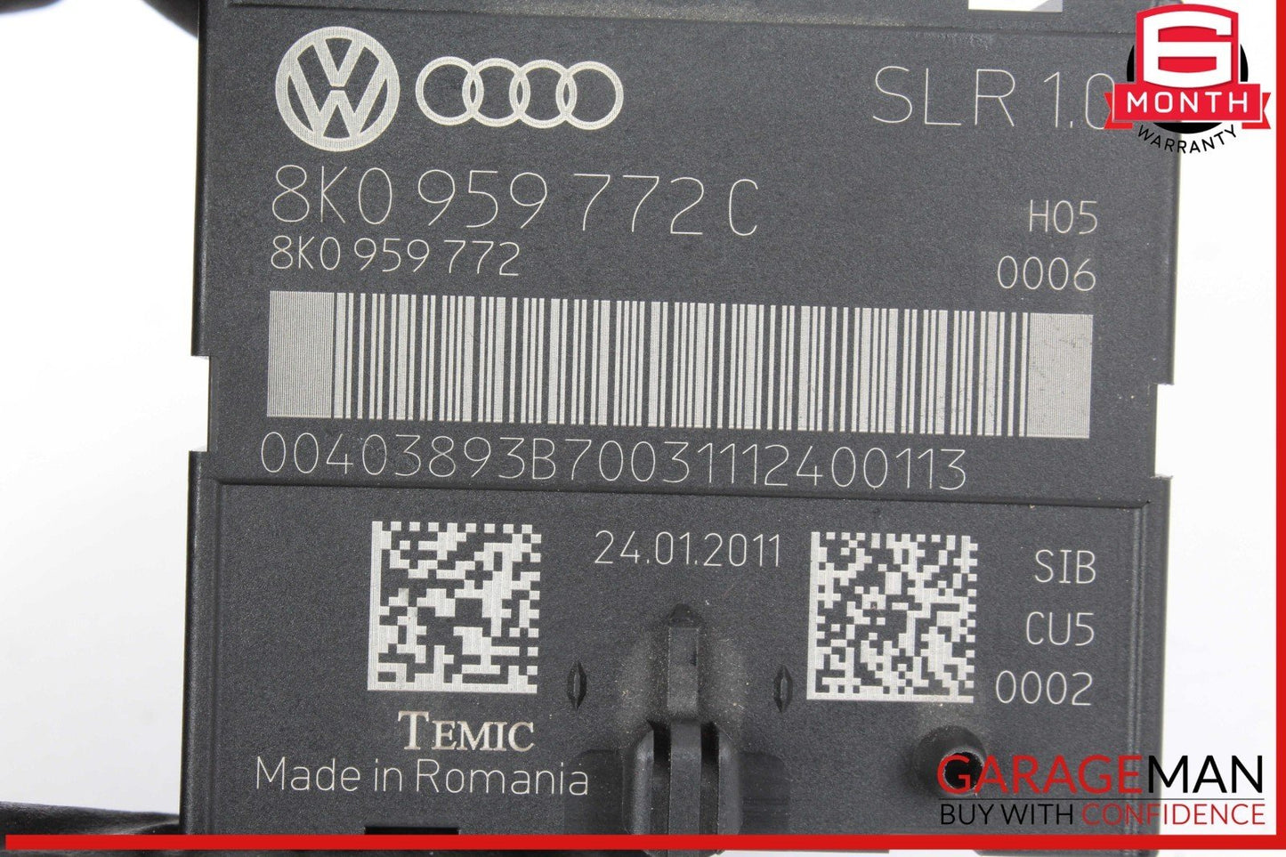 Technical component with Audi and Volkswagen logos, barcodes, and text on a white background.