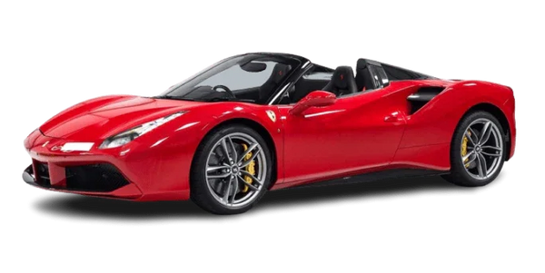 Red Ferrari convertible sports car with sleek design and yellow brake calipers