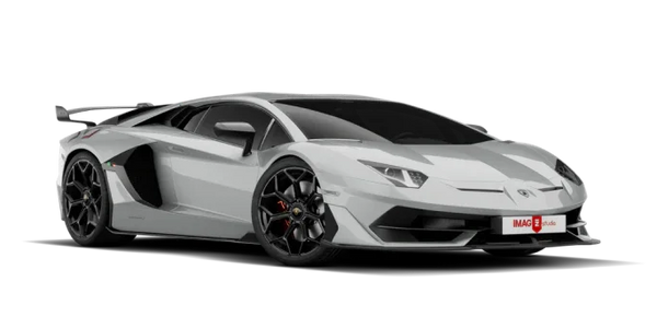 Silver Lamborghini Aventador with black rims and rear spoiler, showcasing sleek European sports car design.