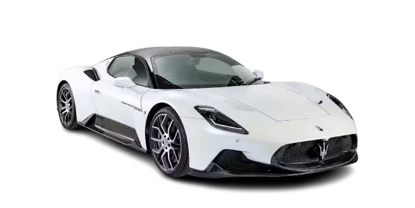 White Maserati MC20 sports car with carbon fiber accents and sleek aerodynamic design