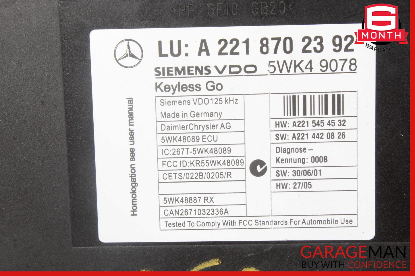 07-13 Mercedes W216 CL550 S65 AMG Keyless Go Control Module Unit 2218702392 OEM