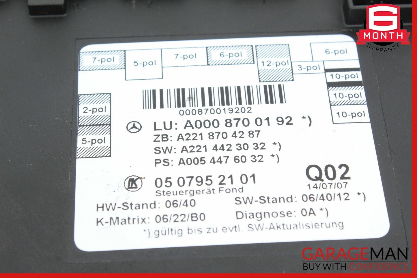 07-13 Mercedes W221 S450 S400 S550 Rear Left or Right Door Control Module Unit