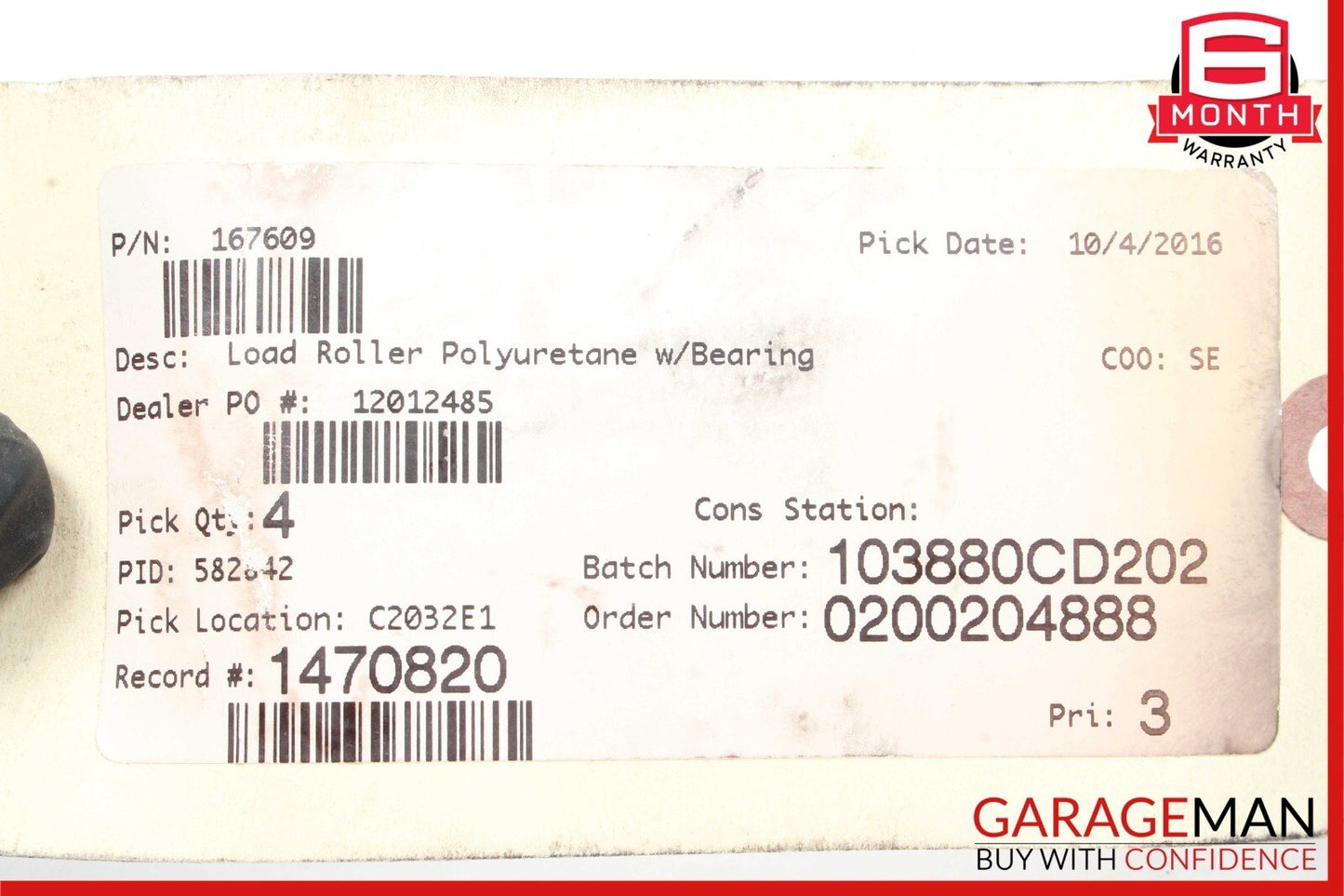 Load Roller Wheel Polyuretane w/ Ball Bearing Raymond BT 167609 for Pallet Jack