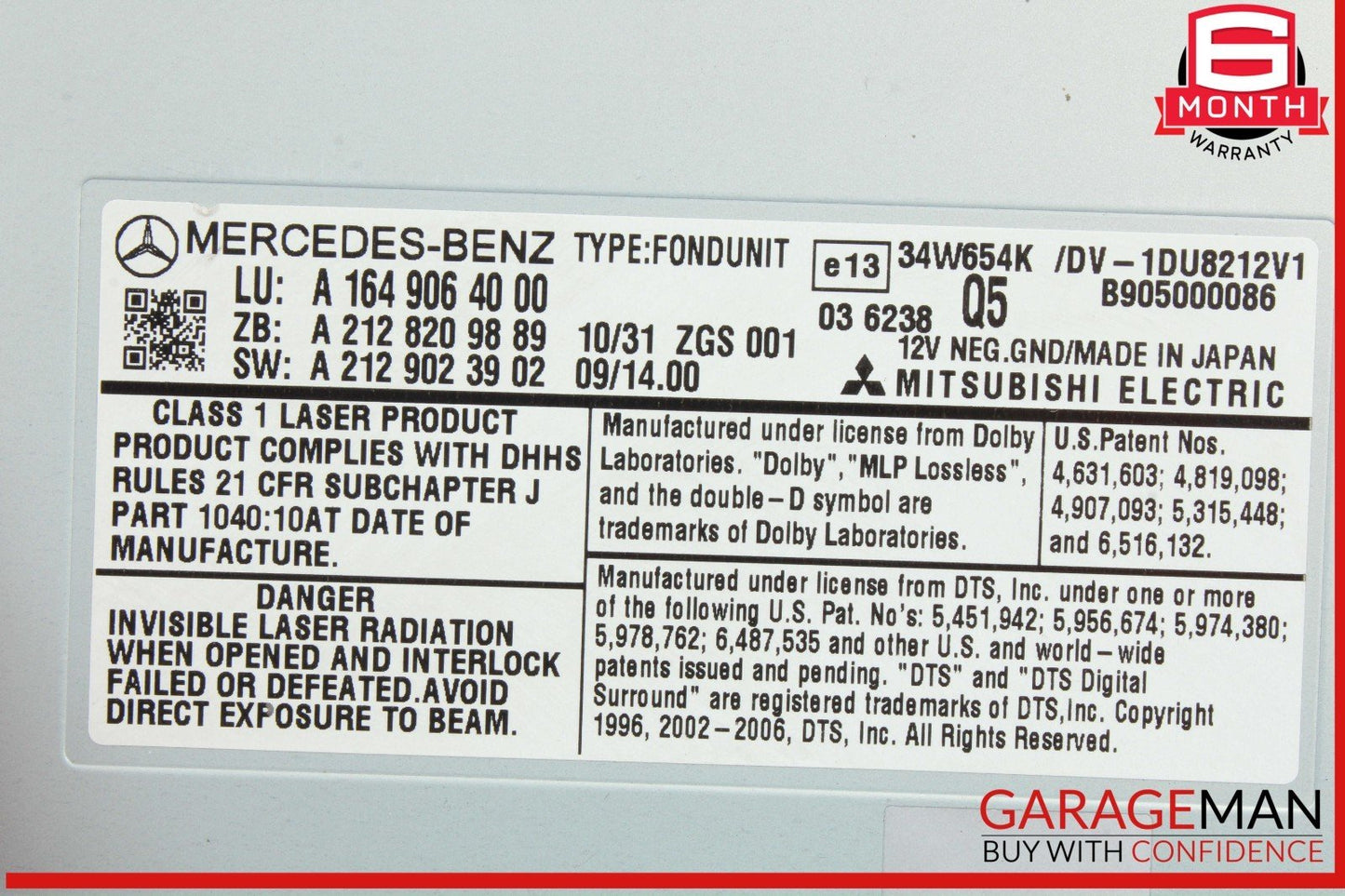 06-13 Mercedes X164 GL450 GL550 Rear Entertainment DVD Player 1649064000 OEM