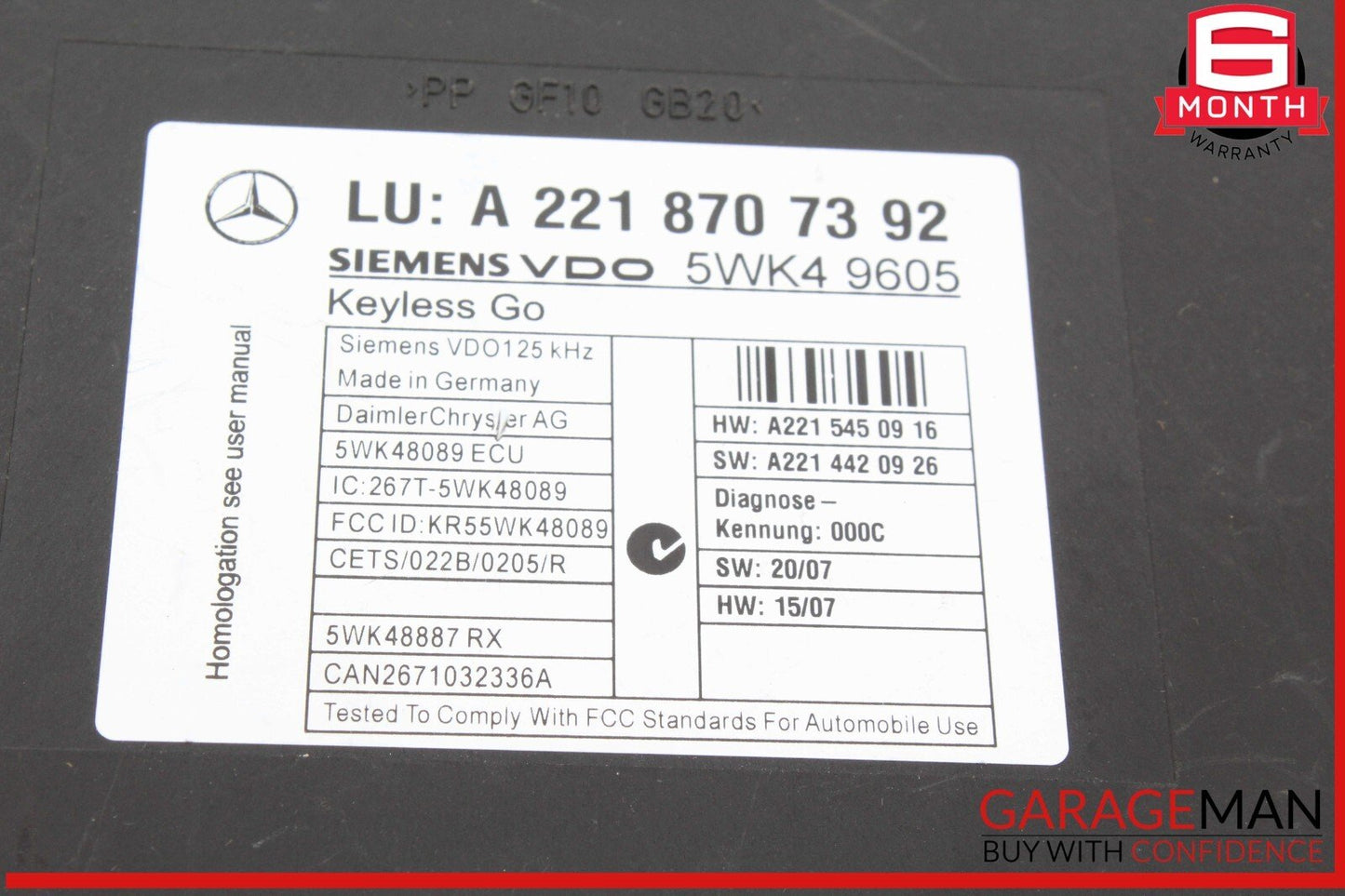 07-14 Mercedes W221 S550 CL63 AMG Keyless Go Control Module Unit 2218707392 OEM