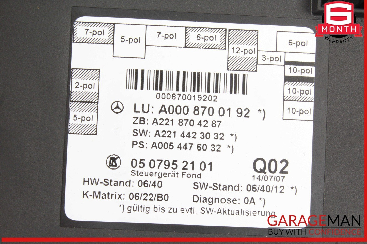 07-13 Mercedes W221 S550 S400 Rear Right / Left Side Door Controller Module Unit