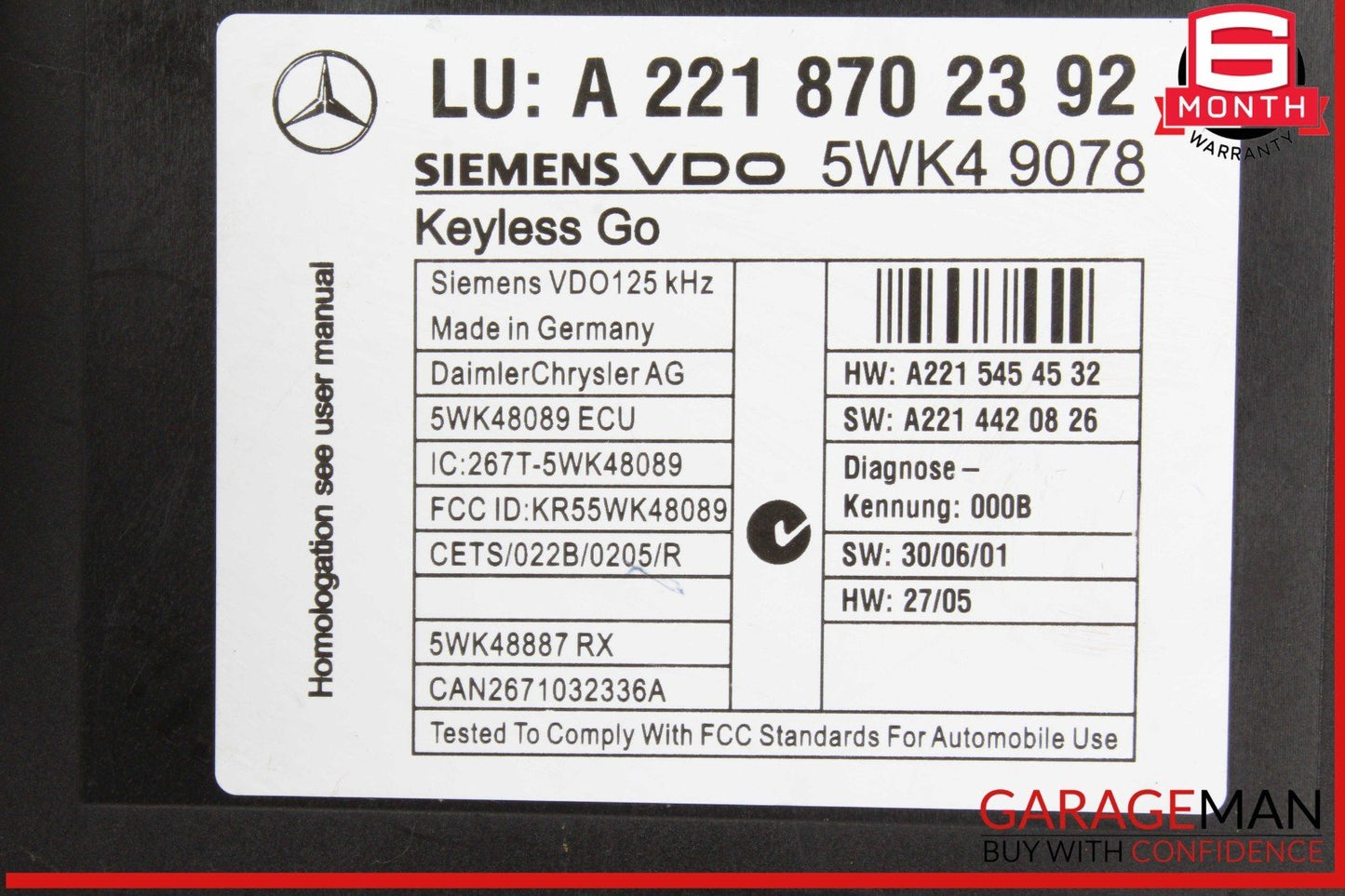 07-10 Mercedes W221 S550 S400 Keyless Go Control Module 2218702392 OEM