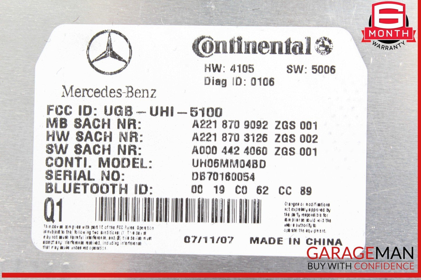 07-13 Mercedes W221 S550 CL550 Bluetooth Communication Controller Module OEM