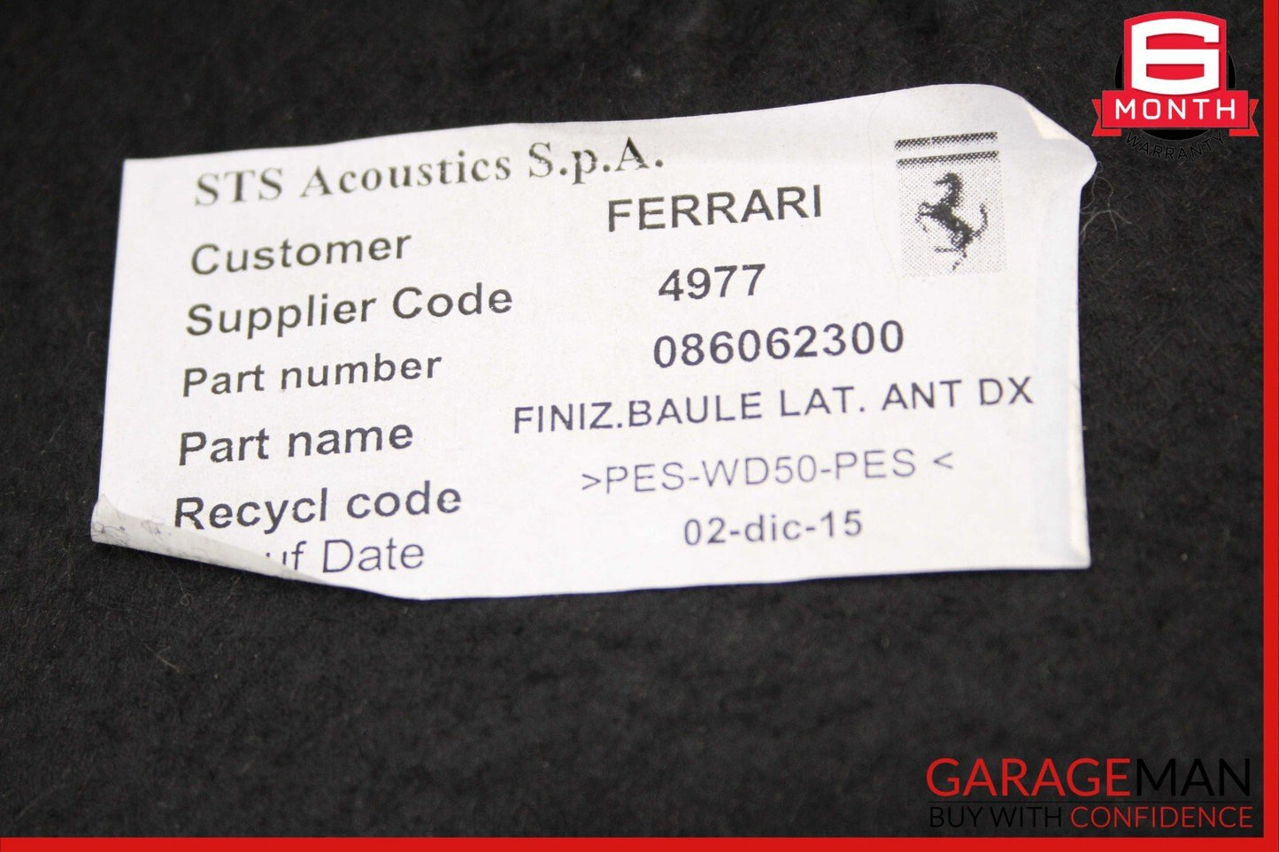 15-18 Ferrari California Front Right Side Trunk Carpet Side Panel Cover