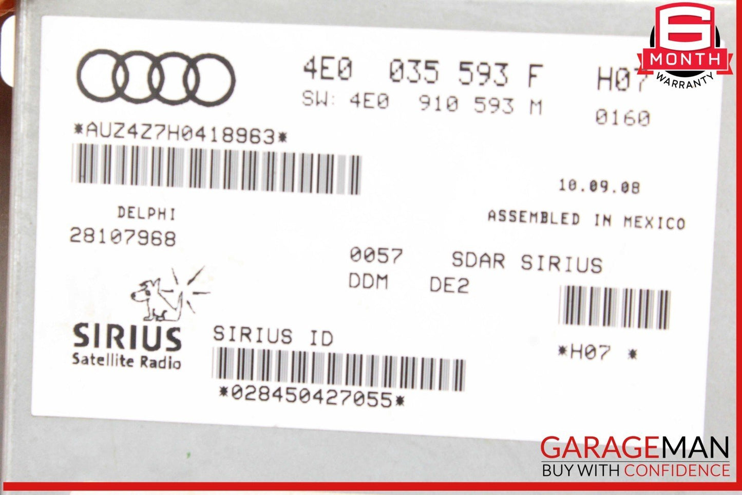 09-12 Audi A4 A5 S4 S5 Sirius Satellite Radio Receiver 4E0035593F OEM