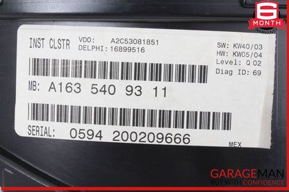 02-05 Mercedes W163 ML350 ML500 Instrument Cluster Speedometer OEM