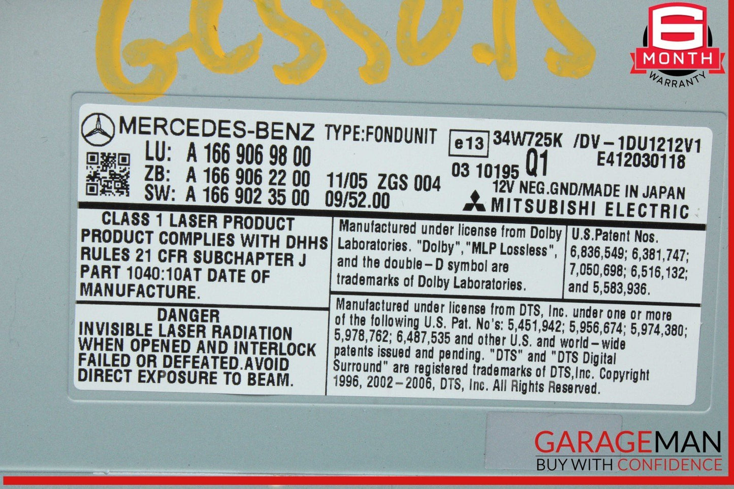 12-16 Mercedes X166 GL550 GL450 ML350 ML550 DVD Video Player 1669069800 OEM