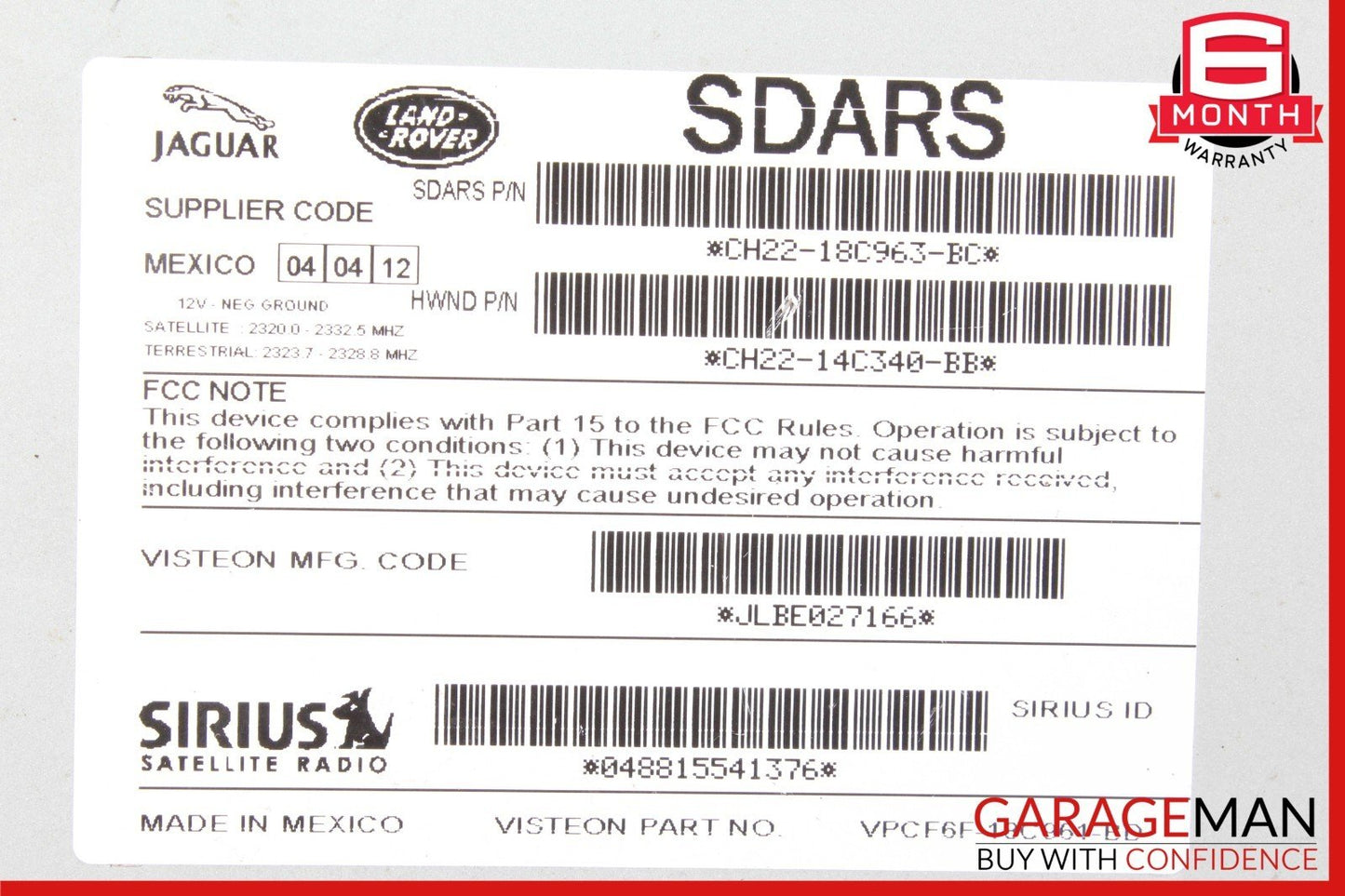 12-13 Range Rover Evoque Sirius Satellite Radio Receiver Module CH2218C963BC OEM