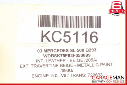 03-11 Mercedes R230 SL500 Left Convertible Roof Load Assist Hydraulic Cylinder