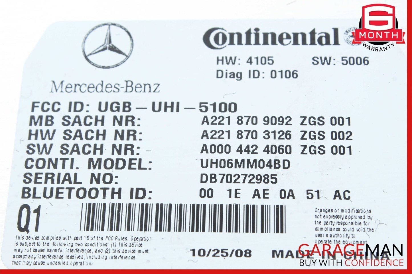 07-09 Mercedes W221 S550 CL550 CL600 Bluetooth Communication Controller Module
