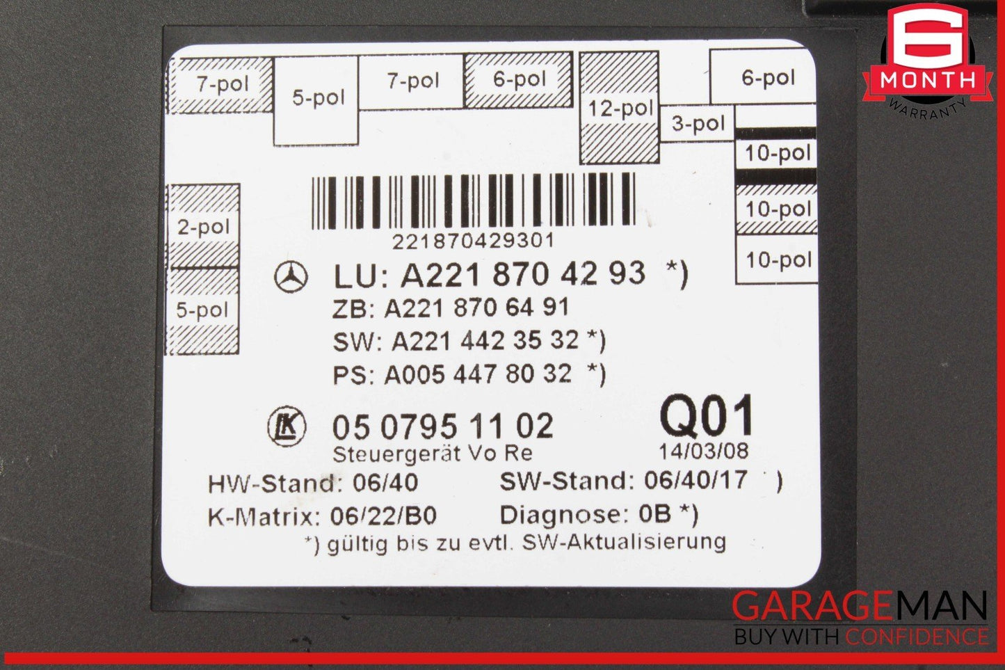 07-13 Mercedes W221 S550 S63 AMG Front Right Door Control Module 2218704293 OEM