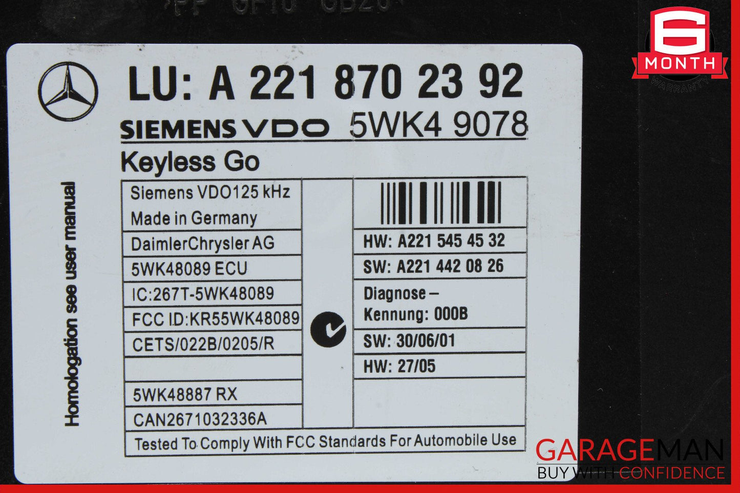 07-10 Mercedes W221 S550 S400 Keyless Go Control Module 2218702392 OEM