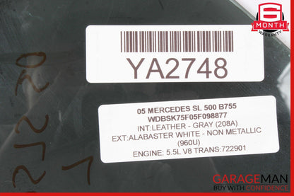 03-12 Mercedes R230 SL500 SL55 AMG Rear Left Side Quarter Window Glass Clear OEM