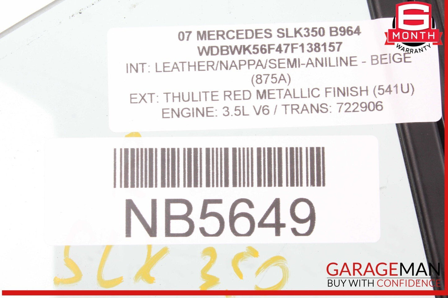05-11 Mercedes R171 SLK350 SLK280 Quarter Window Glass Rear Right Side OEM
