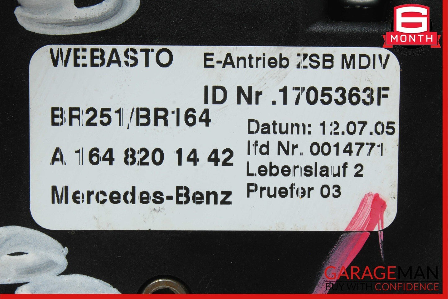 06-13 Mercedes GL450 R350 ML350 Pano Panoramic Sunroof Sun Roof Motor Unit