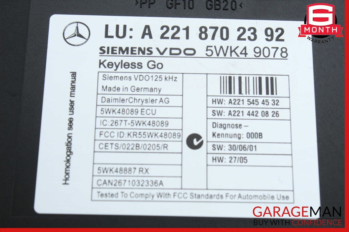 07-13 Mercedes W221 S550 CL550 Keyless Go Control Module Unit 2218702392 OEM