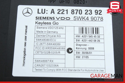 07-13 Mercedes W221 S550 CL550 Keyless Go Control Module Unit 2218702392 OEM