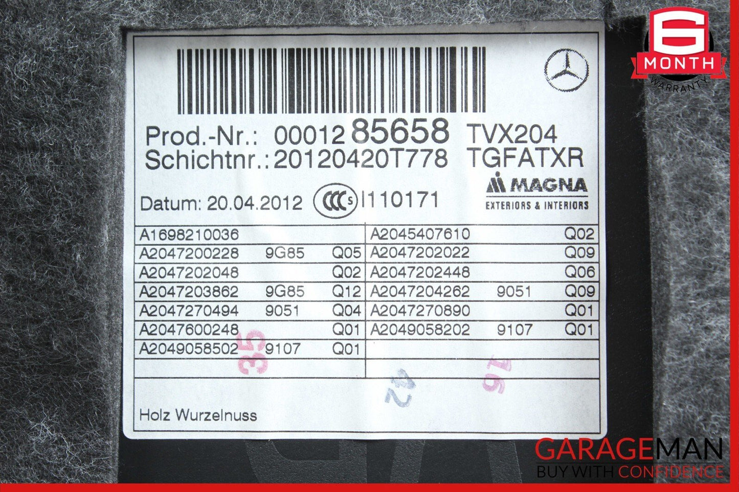 10-15 Mercedes X204 GLK350 Front Right Passenger Side Interior Door Panel Black