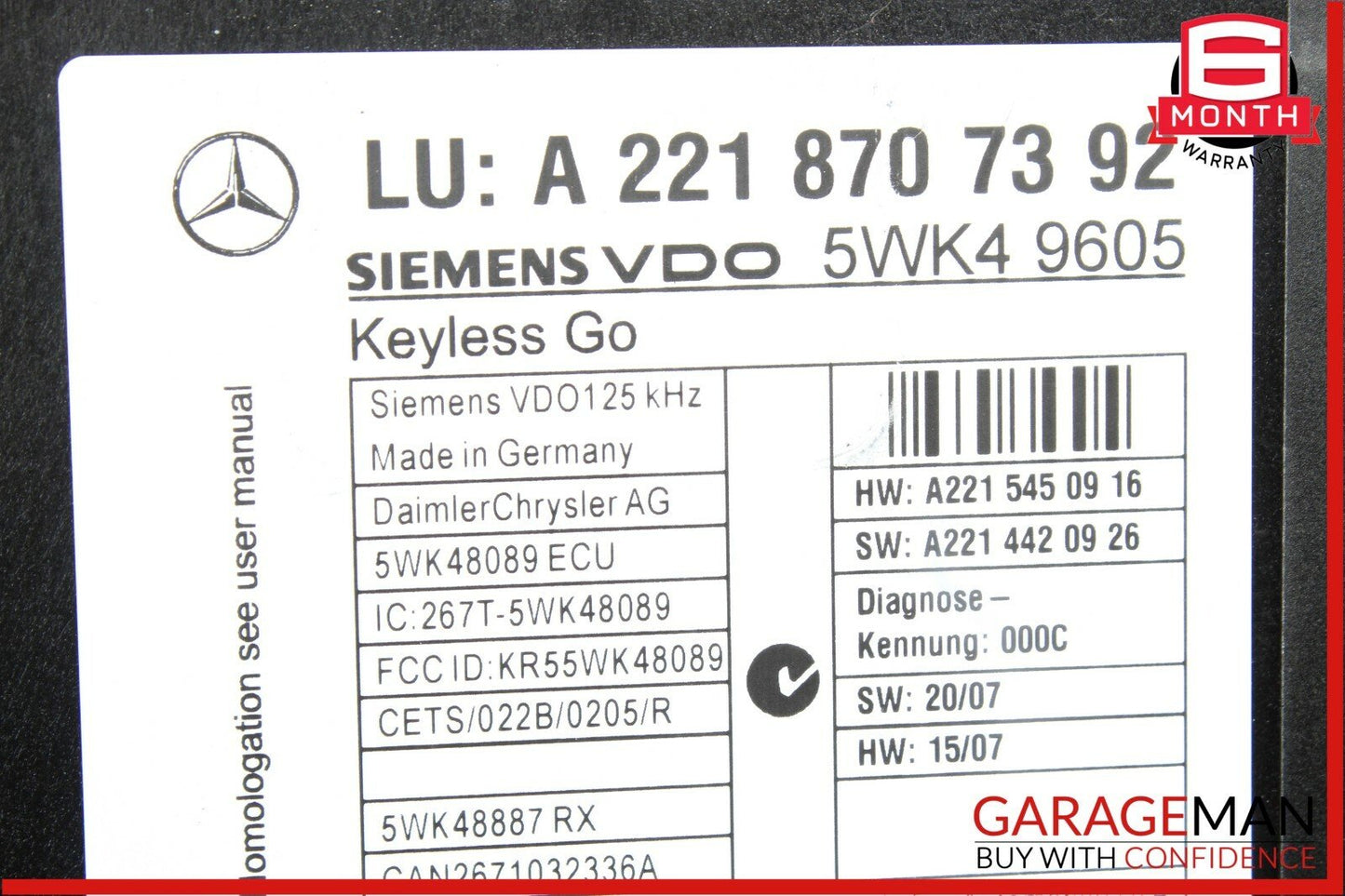 07-14 Mercedes W221 S550 CL550 Keyless Go Control Controller Module