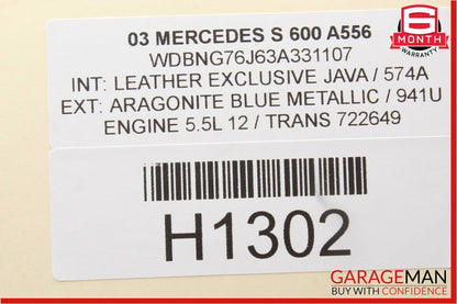 03-06 Mercedes W220 S600 Rear Right Side Lower Bottom Seat Cushion 2209200422