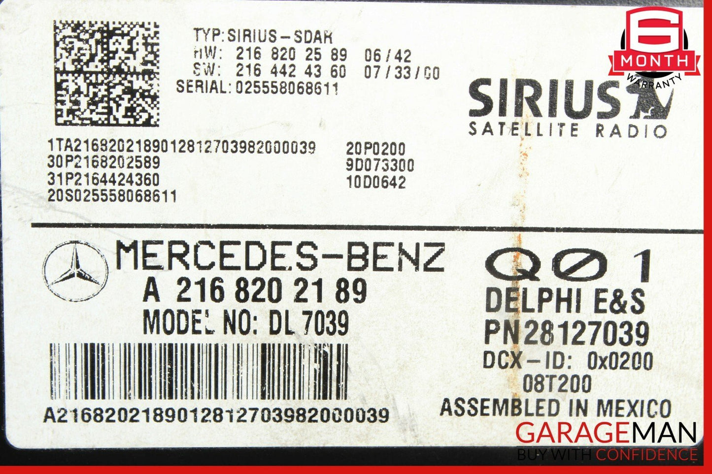 07-09 Mercedes W204 C350 S550 Sirius Satellite Radio Module Receiver DL 7039 OEM