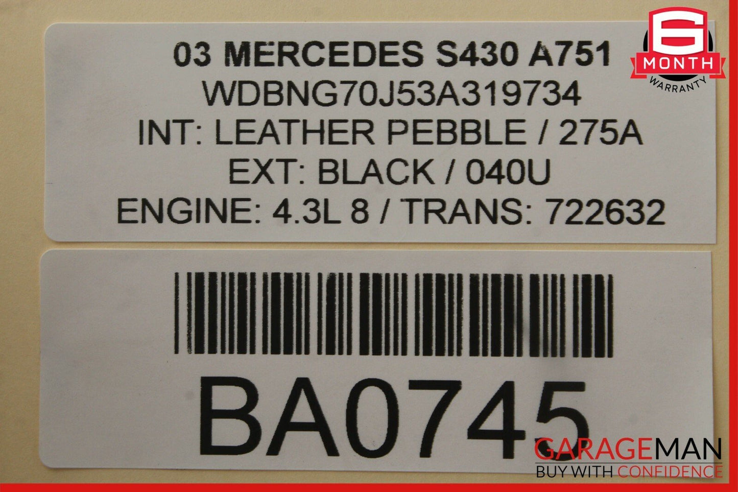 00-06 Mercedes W220 S430 S500 Front Left / Right Seat Headrest Head Rest Pebble