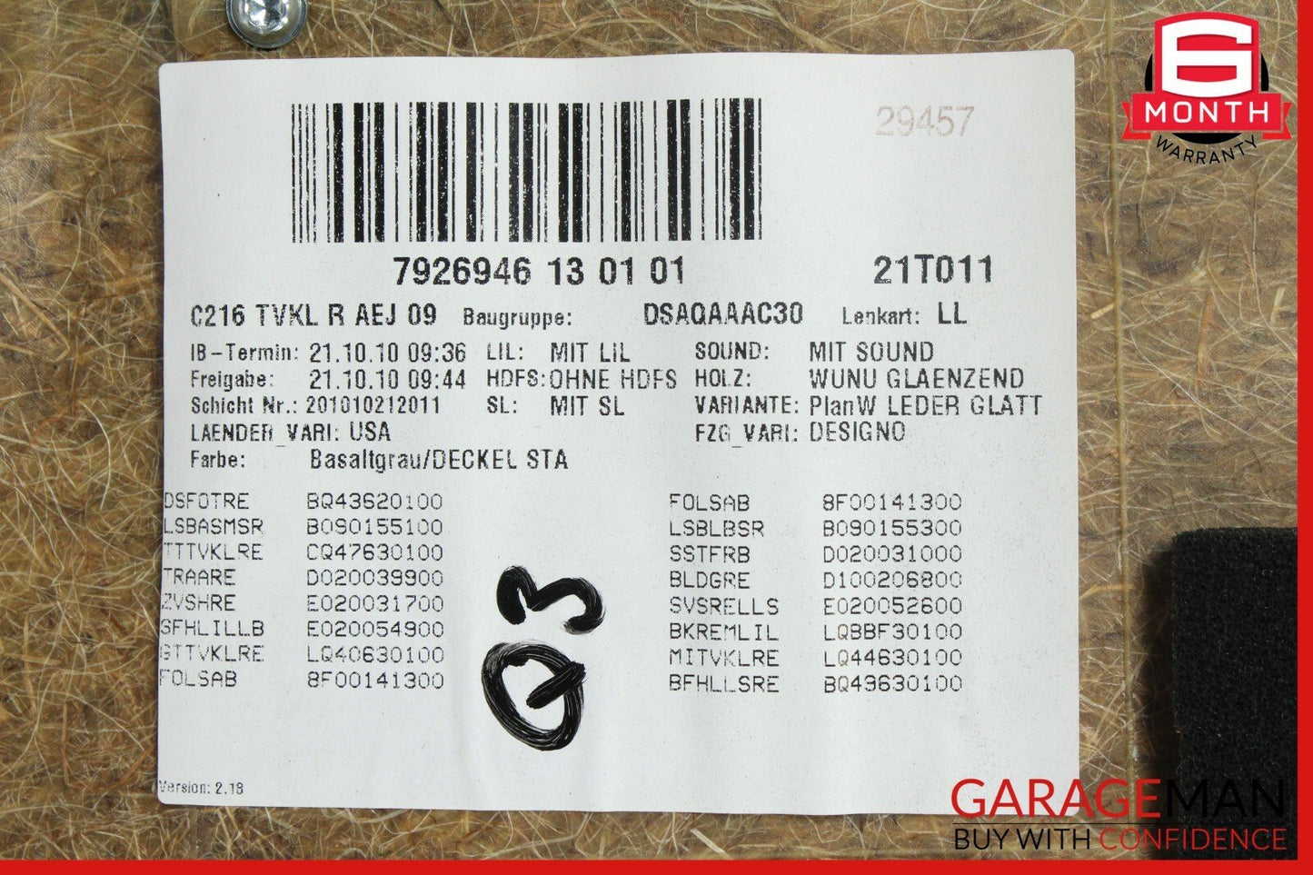 07-14 Mercedes W216 CL550 Front Right Passenger Side Interior Door Panel Gray