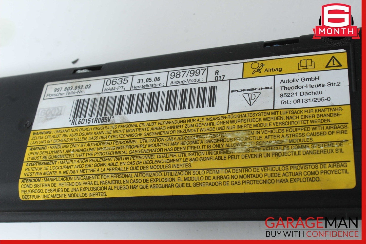 05-12 Porsche 987 Boxster Carrera 911 997 Right Door Panel Air Bag SRS Inflator