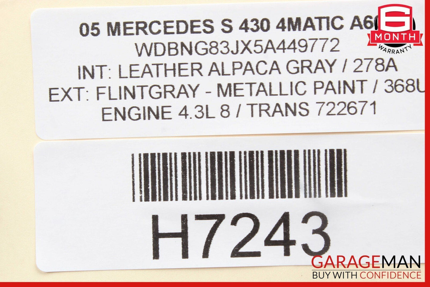 00-06 Mercedes W220 S430 S500 Rear Right Side Exterior Door Handle Flintgray