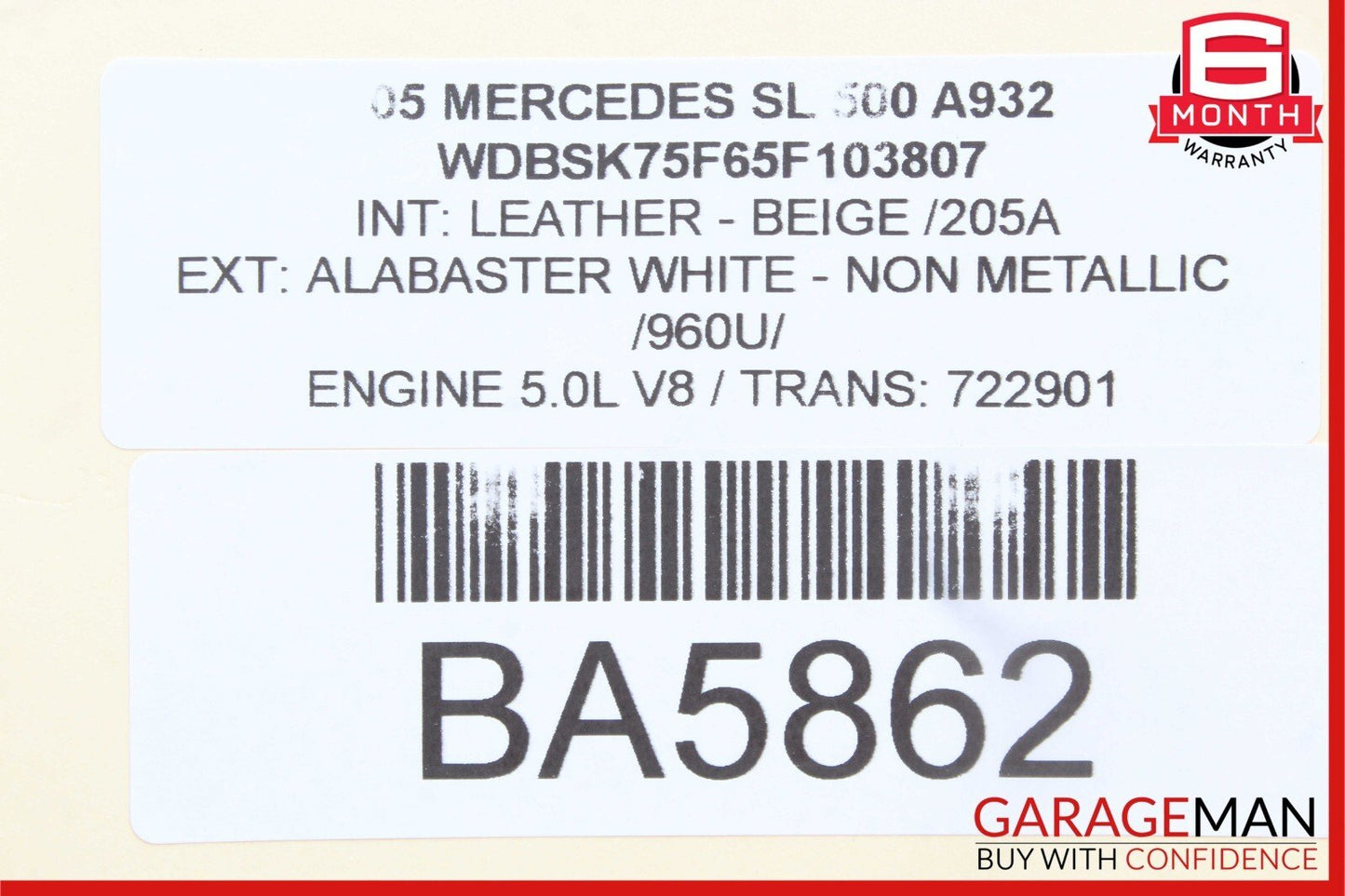 03-12 Mercedes R230 SL500 SL65 Convertible Right Trunk Frame Lock Cylinder OEM