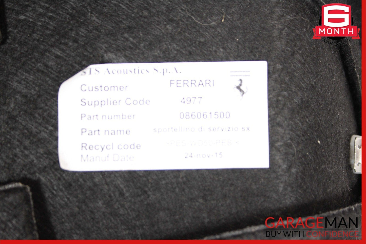 15-18 Ferrari California Right Passenger Side Trunk Carpet Side Panel Cover