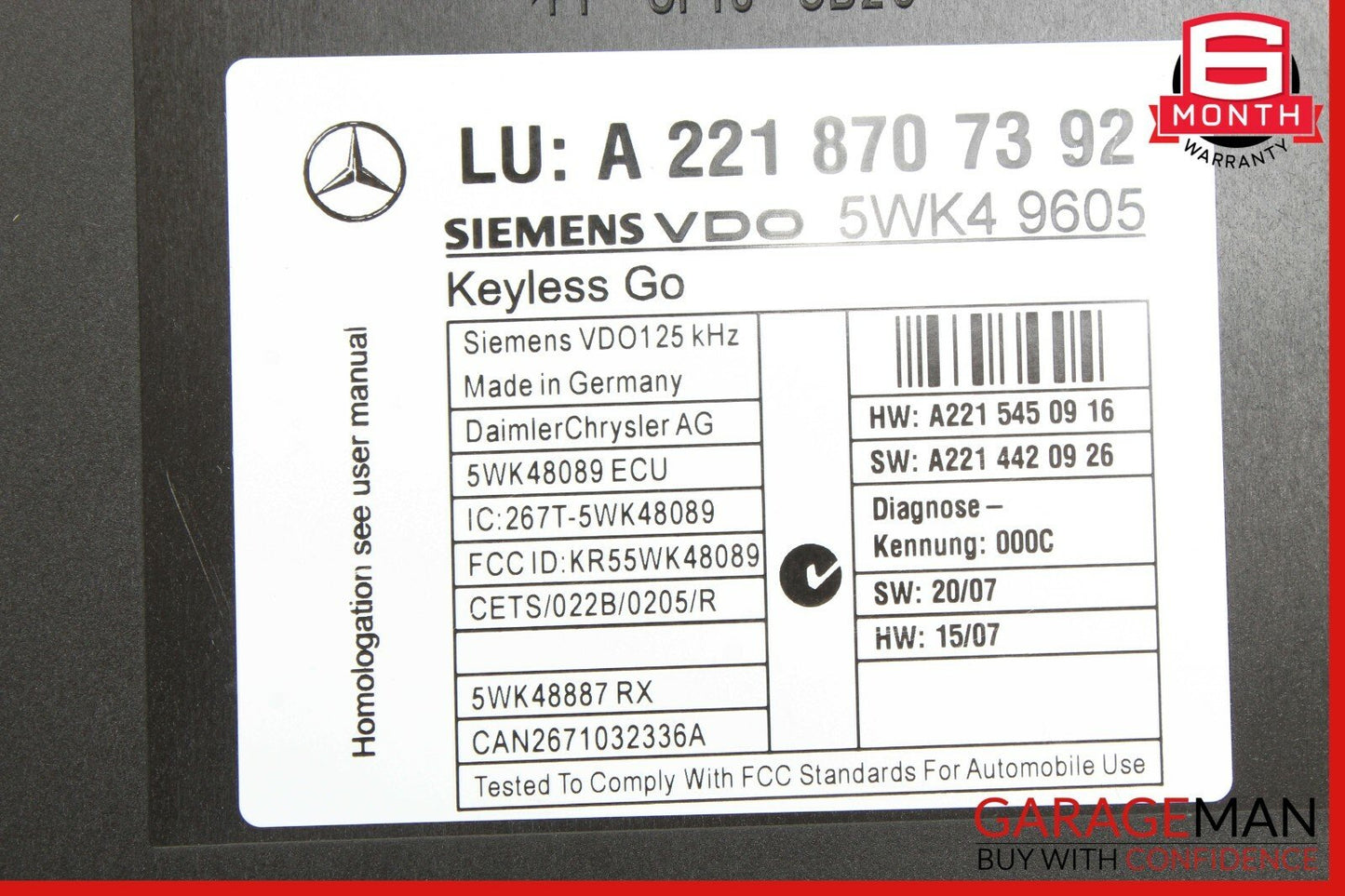 07-13 Mercedes W221 S550 S63 AMG Door Keyless Go Control Module 2218707392 OEM