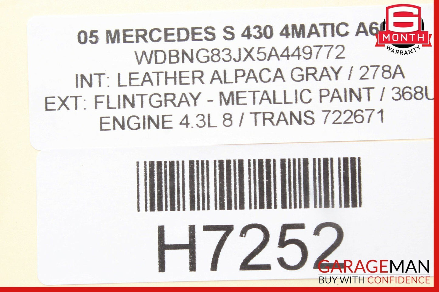 00-06 Mercedes W220 S600 S55 AMG Rear Right Door Window Regulator w/o Motor