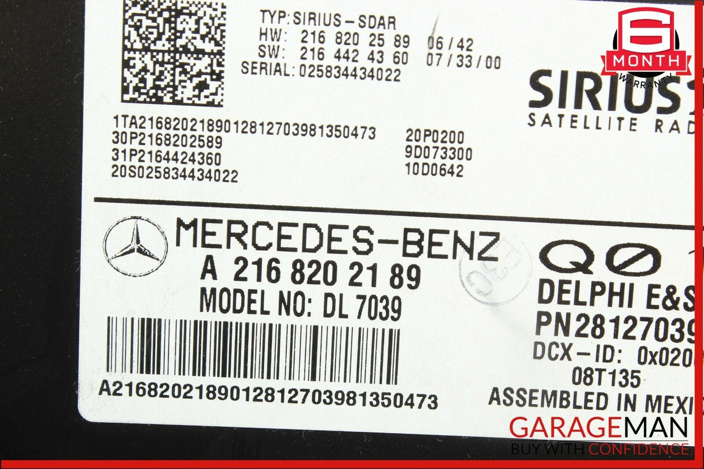 07-11 Mercedes S550 C300 C350 Sirius Satellite Radio Receiver Module Unit DL7039