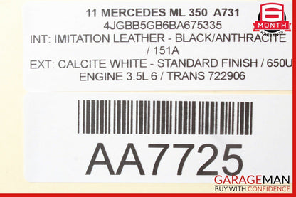 09-13 Mercedes W164 ML350 R350 Front Left Side Upper Seat Cushion Black OEM