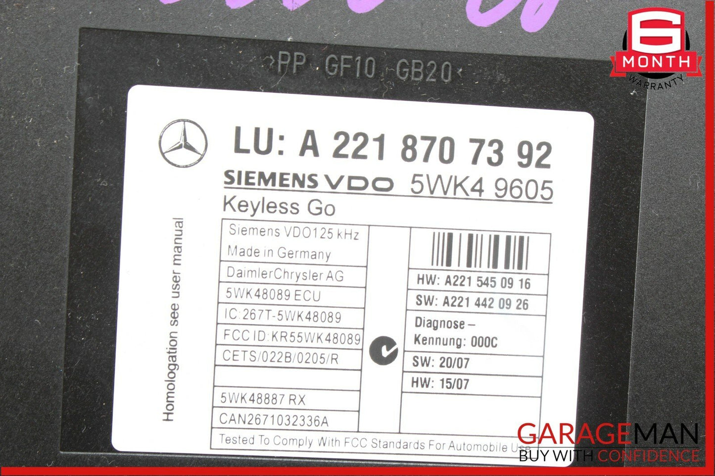07-14 Mercedes S550 CL63 AMG Keyless Go Control Controller Module Unit OEM
