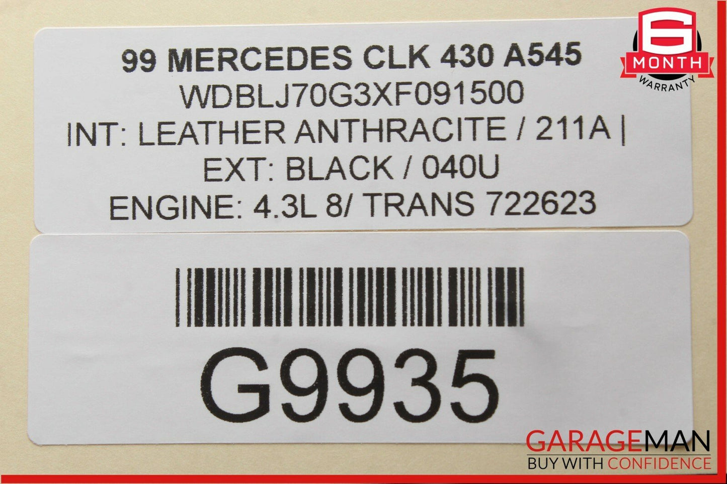 98-03 Mercedes W208 CLK320 CLK430 Rear Left Side Inner Taillight Tail Light Lamp